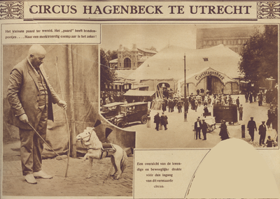 870104 Collage van 2 foto's betreffende het circus Carl Hagenbeck dat zijn tenten heeft opgeslagen op het Vredenburg te ...